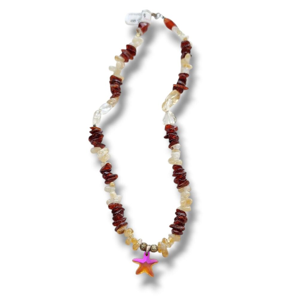 Handmade Artisan Necklacw Genuine Citrine‎ Amber Swarovski Crystal 18" Starfish